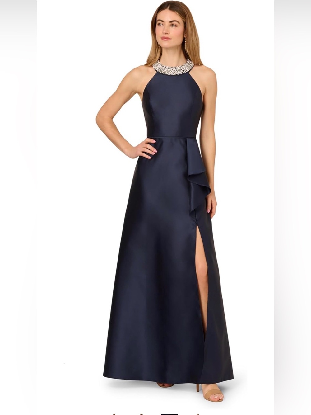 Adrianna Papell Embellished Halter Navy Evening Gown size 12